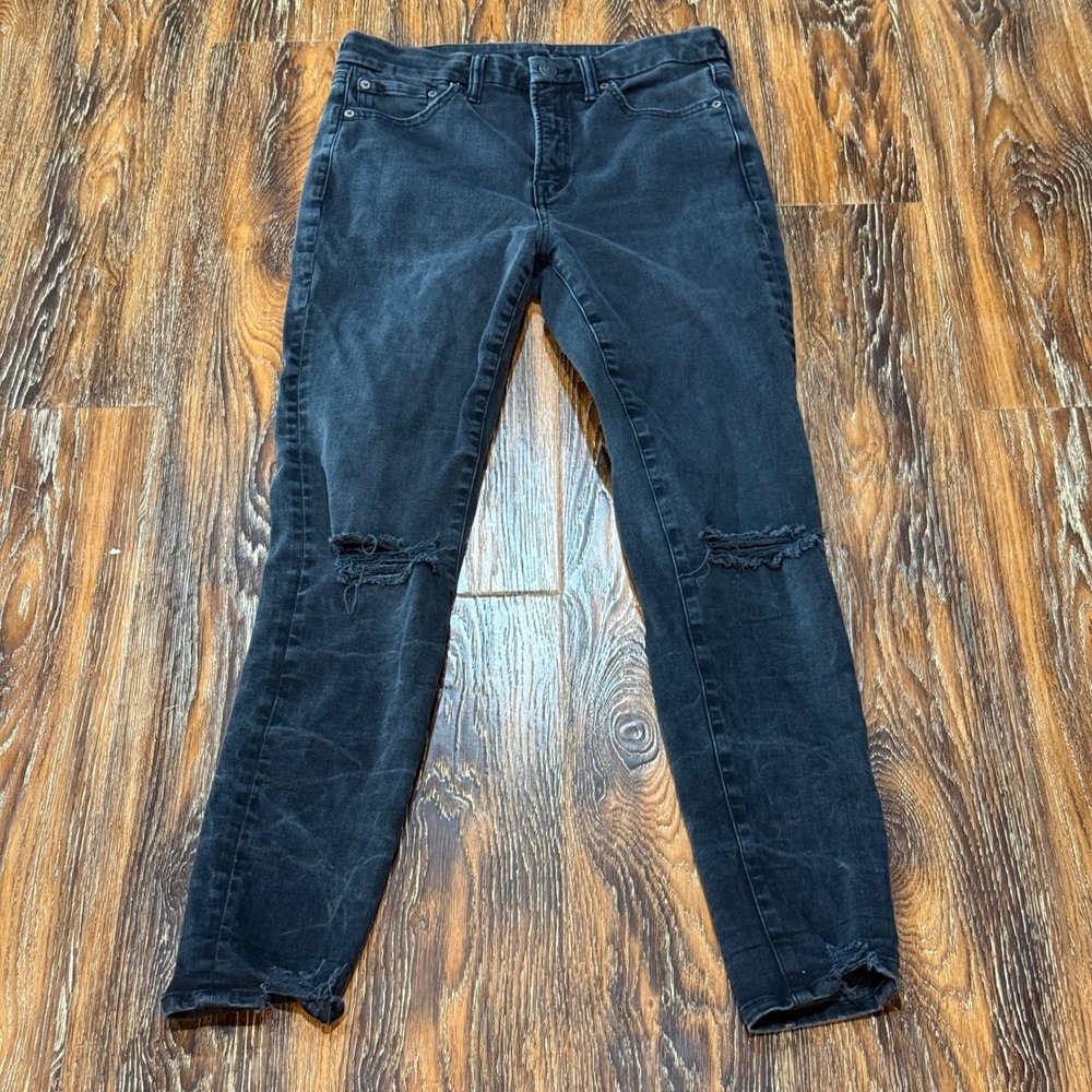 American Eagle Womens 10 Long Black Skinny Luxe Stretch Ripped Distressed Jeans